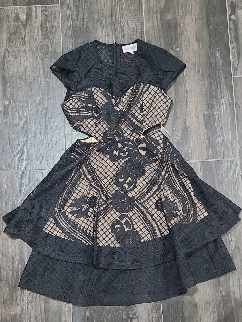 L'ATISTE Black Lace Over Nude Illusion Prom Dress